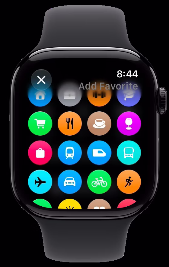 Adding a favorite on Apple Watch: a grid of icons in color to pick from, a coffee cup among them.