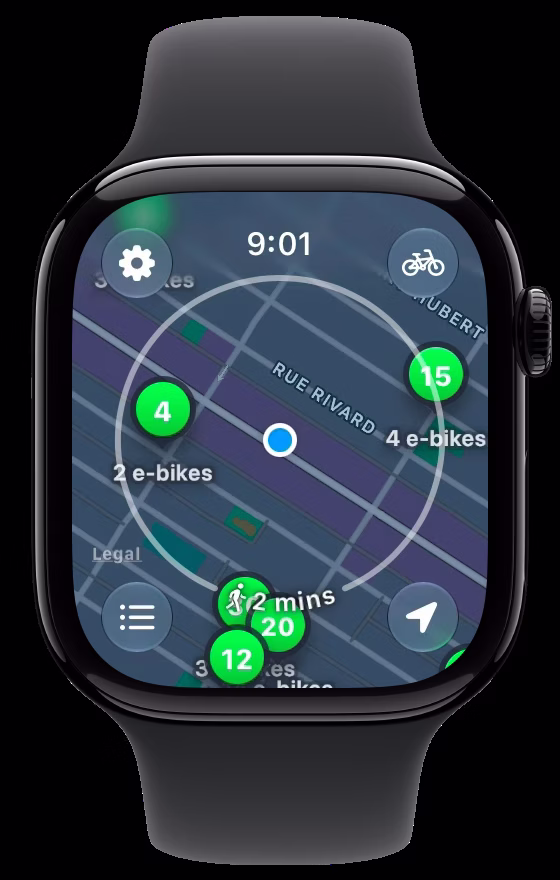 The watch map with the reach ring around the rider, labeled in minutes on foot.
