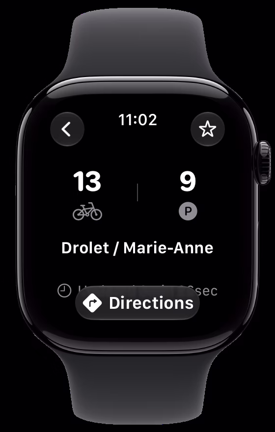 On Apple Watch, the station at Drolet / Marie-Anne: 13 bikes and 9 parking spots, with a Directions button.