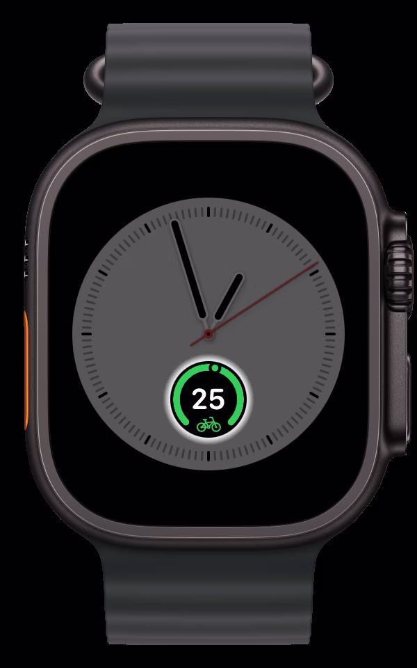 An Infograph face on Apple Watch Ultra with one Street Ridr complication at six o'clock: 25 bikes at the nearest station, in a green ring. The rest of the face is dimmed.