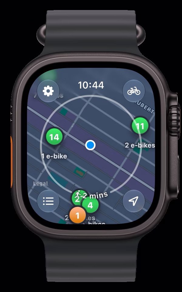 Street Ridr on Apple Watch Ultra: the map with the reach ring around the rider, labeled two minutes.